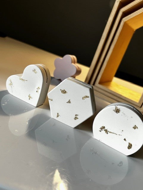 YUK en TRIO 'coeur - rond et carré' - Porte-photo l Porte-cartes ``Éclats d'or`` Blanc et Or