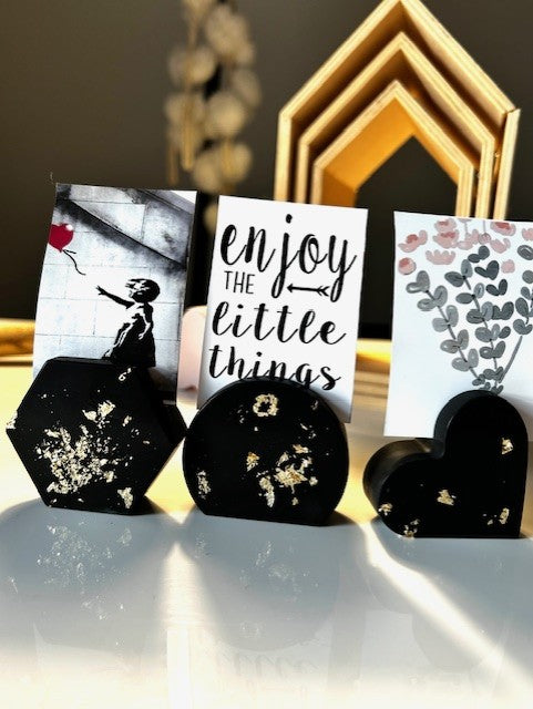 YUK en TRIO 'coeur - rond et carré' - Porte-photo l Porte-cartes ``Éclats d'or`` Noir or